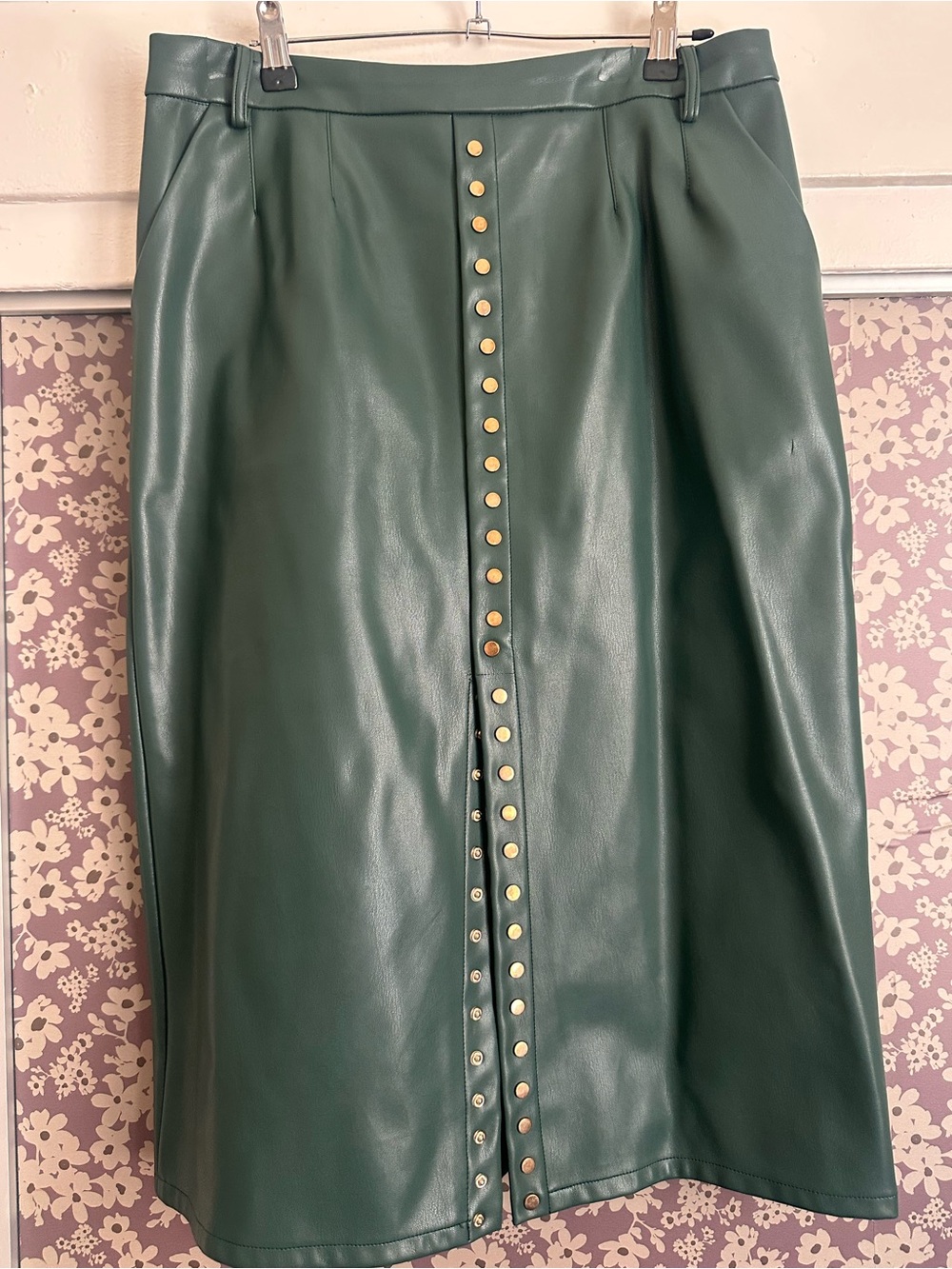 Green Faux Leather Midi Skirt with Gold Studs